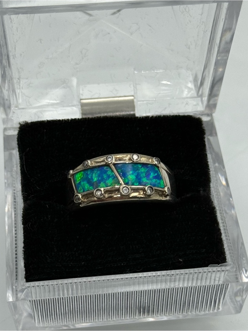Large Sterling Silver Blue Synthetic Opal Narrow Dome Ring for Women CZ Accent - Picture 9 of 9
